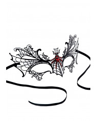 Maschera mezzo viso nera in metallo con ragno in strass rossi.