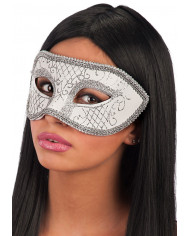 White plastic chinless mask decorated with silver glitter and
