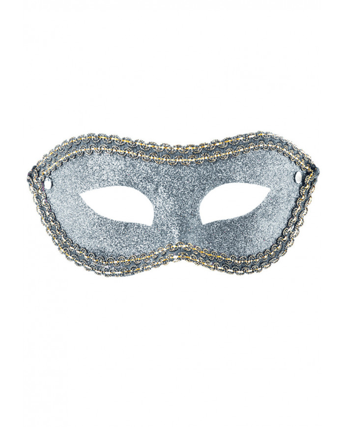 Plastic chinless mask, covered with silver glitter and boarded