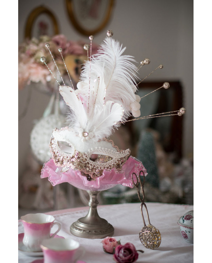 Chinless fabric mask decorated with sequins, feathers and Chinless fabric mask decorated with sequins, feathers and