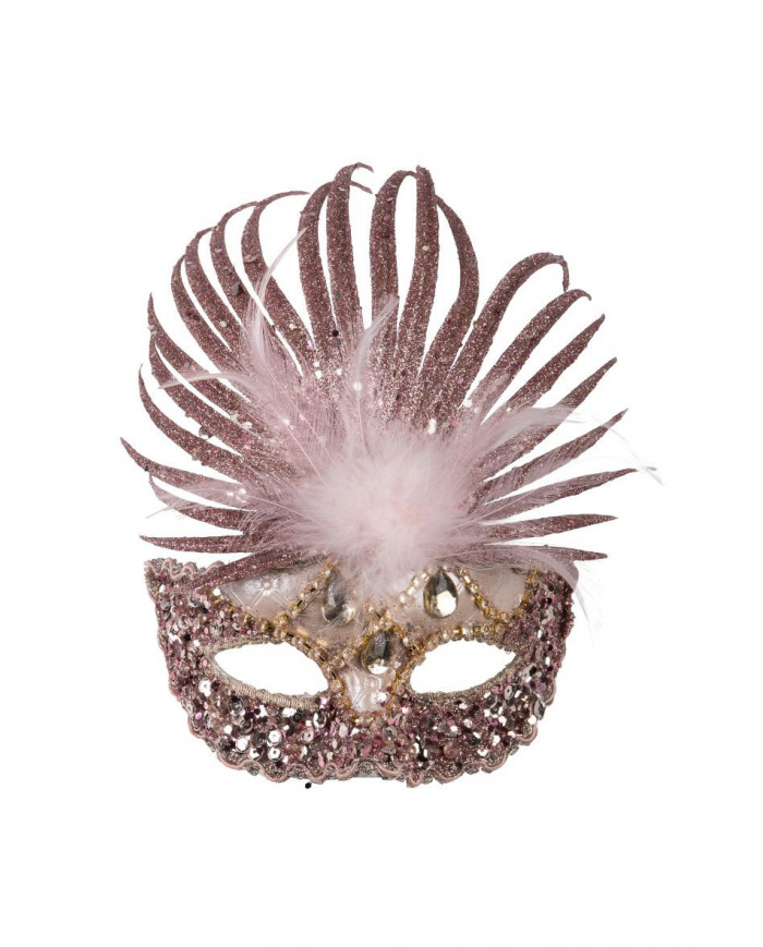 Chinless fabric mask decorated with sequins, feathers and