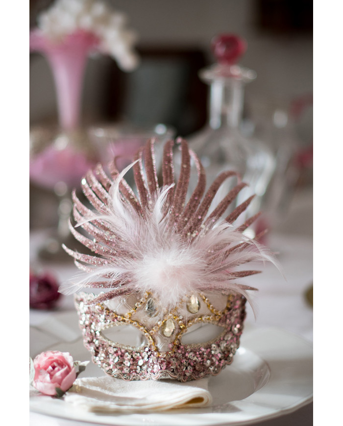 Chinless fabric mask decorated with sequins, feathers and