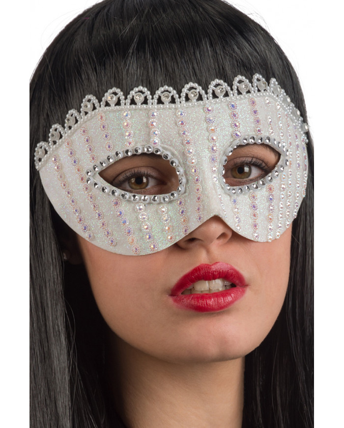 Chinless mask in white plastic decorated with glitter Chinless mask in white plastic decorated with glitter