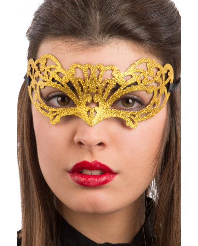 Chinless mask in carved plastic and covered with gold glitter
