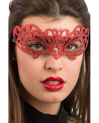 Chinless mask in carved plastic and covered with red glitter