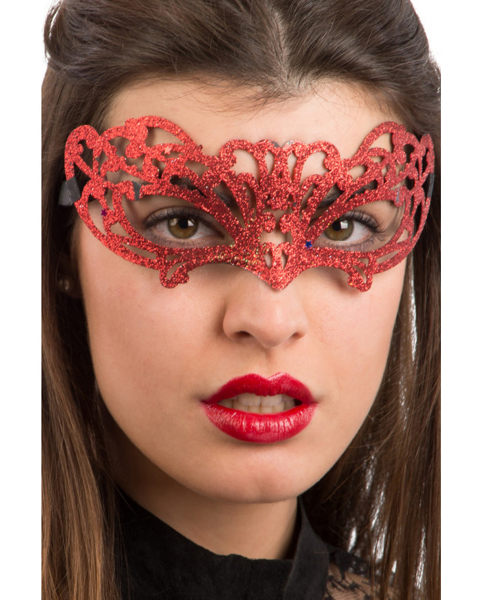 Chinless mask in carved plastic and covered with red glitter