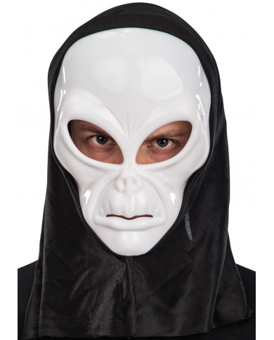 White plastic alien mask with black fabric hood, useful for White plastic alien mask with black fabric hood, useful for