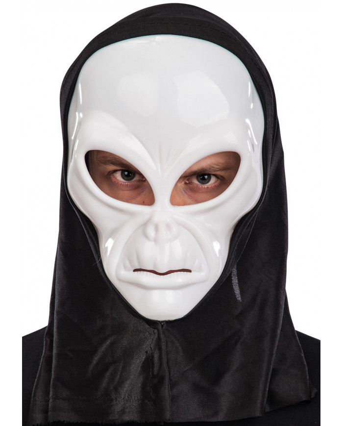 White plastic alien mask with black fabric hood, useful for