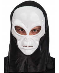 White plastic alien mask with black fabric hood, useful for