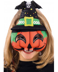 Maschera da zucca per bambino, con cappello nero da strega e Maschera da zucca per bambino, con cappello nero da strega e