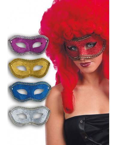 Glittered plastic chinless masks boarded with braid in the