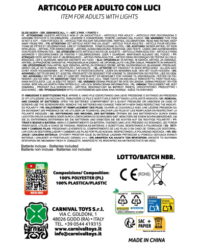 Maschera teschio in plastica con decorazioni luminose in busta con cavallotto (batterie escluse)