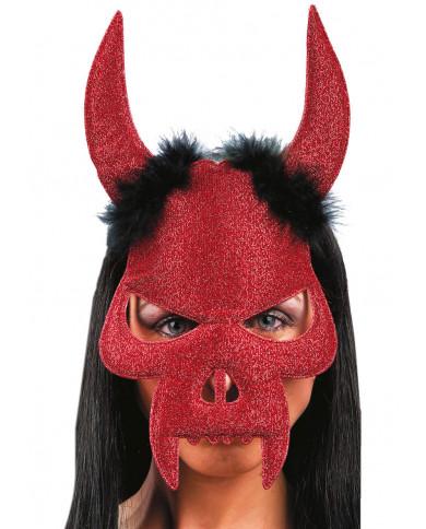 Glittered Fabric Devil Mask W/Marabout W/Header Glittered Fabric Devil Mask W/Marabout W/Header