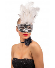 Plastic half face mask decorated with silver sequins and white