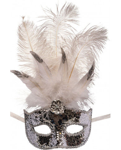 Maschera stile carnevale veneziano mezzo viso in plastica con fiore e piume