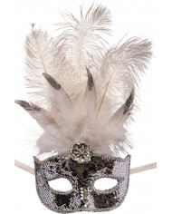 Plastic half face mask decorated with silver sequins and white