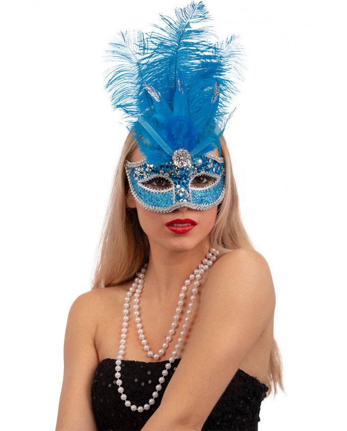 Turquoise plastic half face mask with feathers and decorations