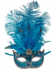 Turquoise plastic half face mask with feathers and decorations