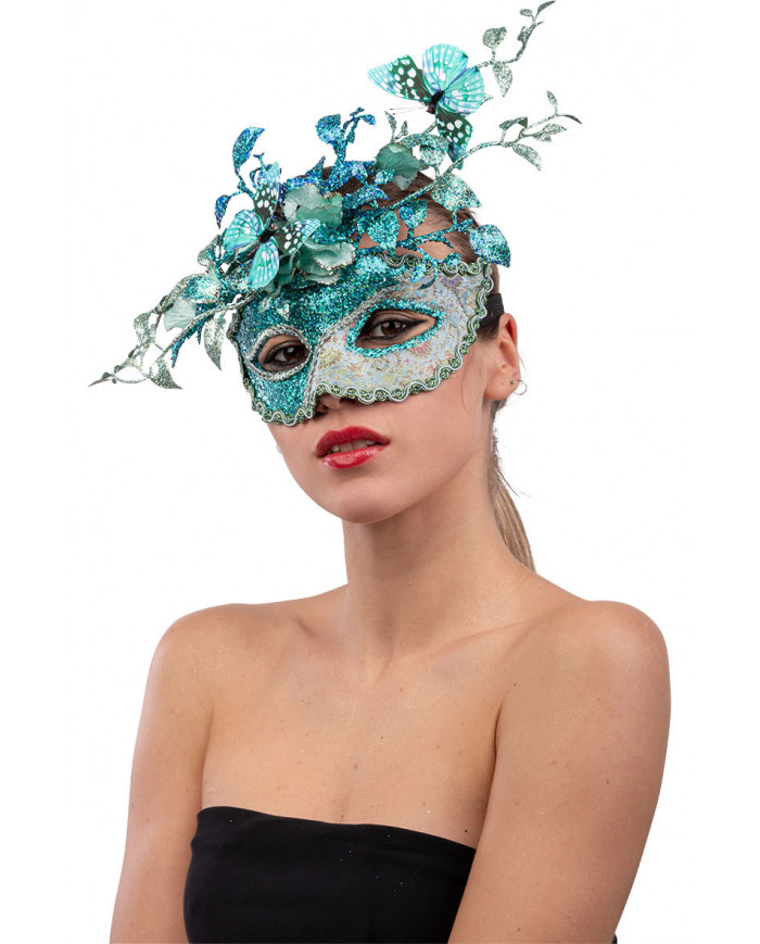 Plastic half face aquamarine mask with floral decorations