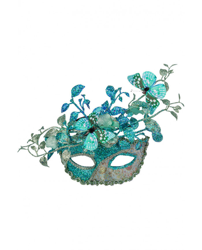 Plastic half face aquamarine mask with floral decorations Plastic half face aquamarine mask with floral decorations