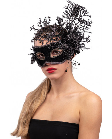 Black plastic half face mask with glittered floral decorations
