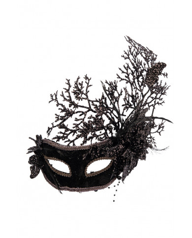 Black plastic half face mask with glittered floral decorations