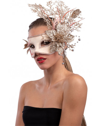 Half-face mask in antique pink plastic with gold glitter floral Half-face mask in antique pink plastic with gold glitter floral