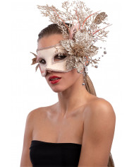 Half-face mask in antique pink plastic with gold glitter floral Half-face mask in antique pink plastic with gold glitter floral
