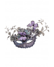 Lilac plastic half face mask with floral decorations, glitter