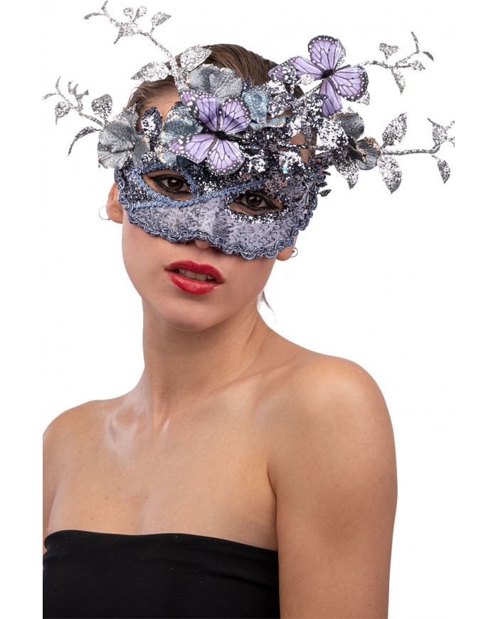 Lilac plastic half face mask with floral decorations, glitter
