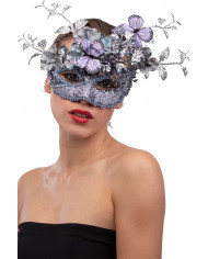 Lilac plastic half face mask with floral decorations, glitter