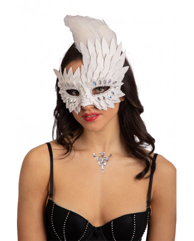 White half face mask in faux leather decorated with crystals White half face mask in faux leather decorated with crystals
