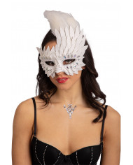 White half face mask in faux leather decorated with crystals