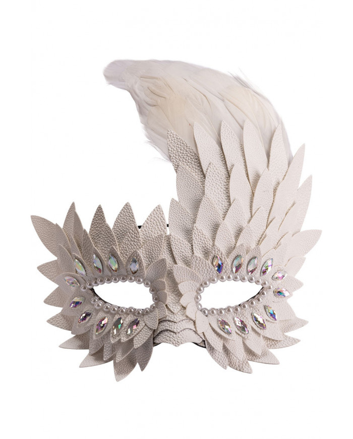 White half face mask in faux leather decorated with crystals
