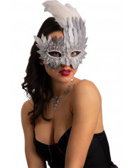 Silver half face mask in faux leather decorated with crystals
