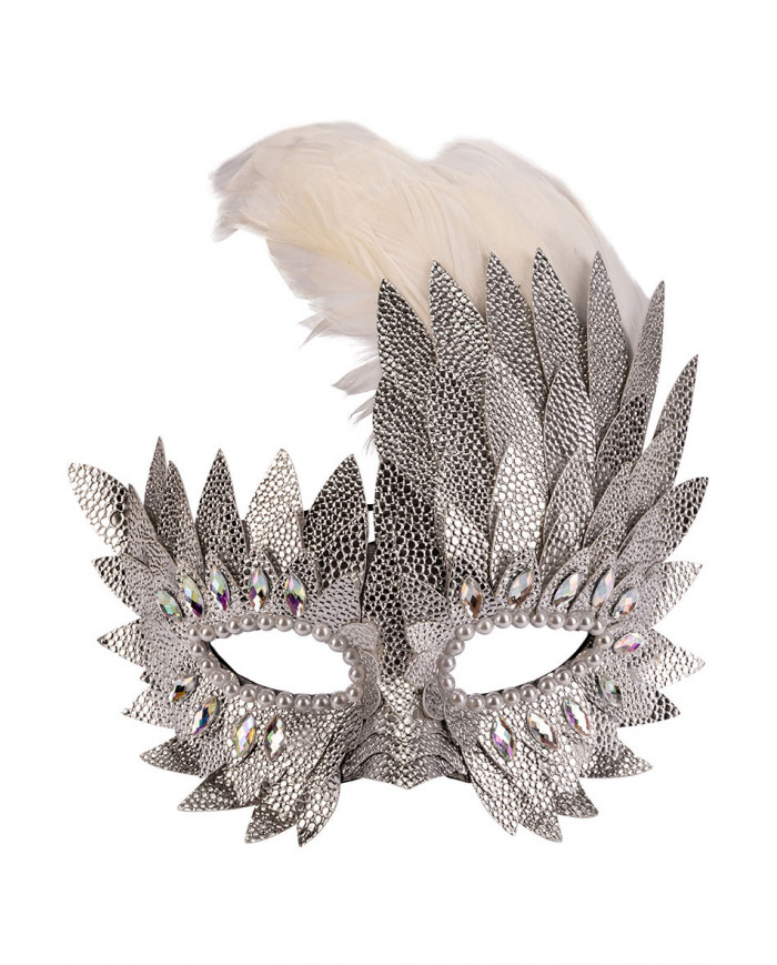 Silver half face mask in faux leather decorated with crystals