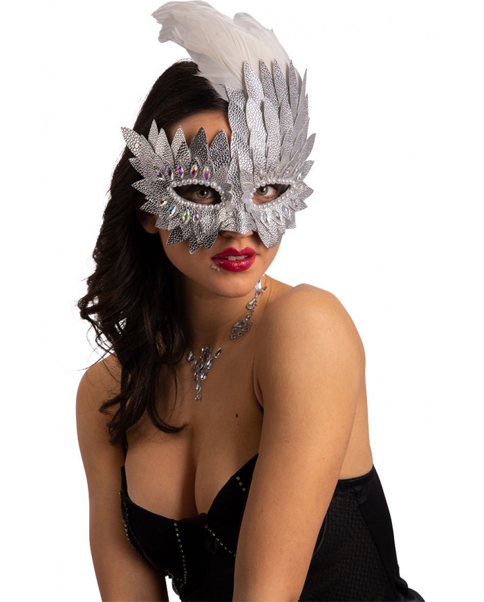 Silver half face mask in faux leather decorated with crystals Silver half face mask in faux leather decorated with crystals