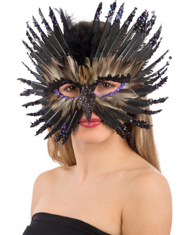 Chinless mask in black feathers decorated with glitter and Chinless mask in black feathers decorated with glitter and