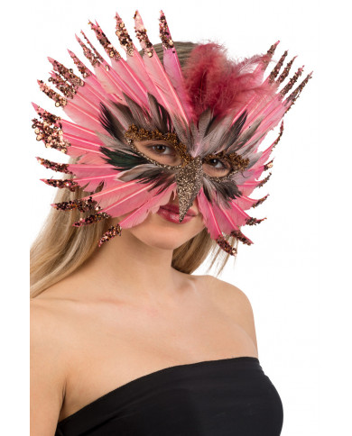 Chinless mask in pink feathers decorated with glitter and beak.