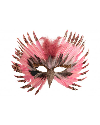 Chinless mask in pink feathers decorated with glitter and beak.