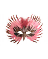 Chinless mask in pink feathers decorated with glitter and beak.
