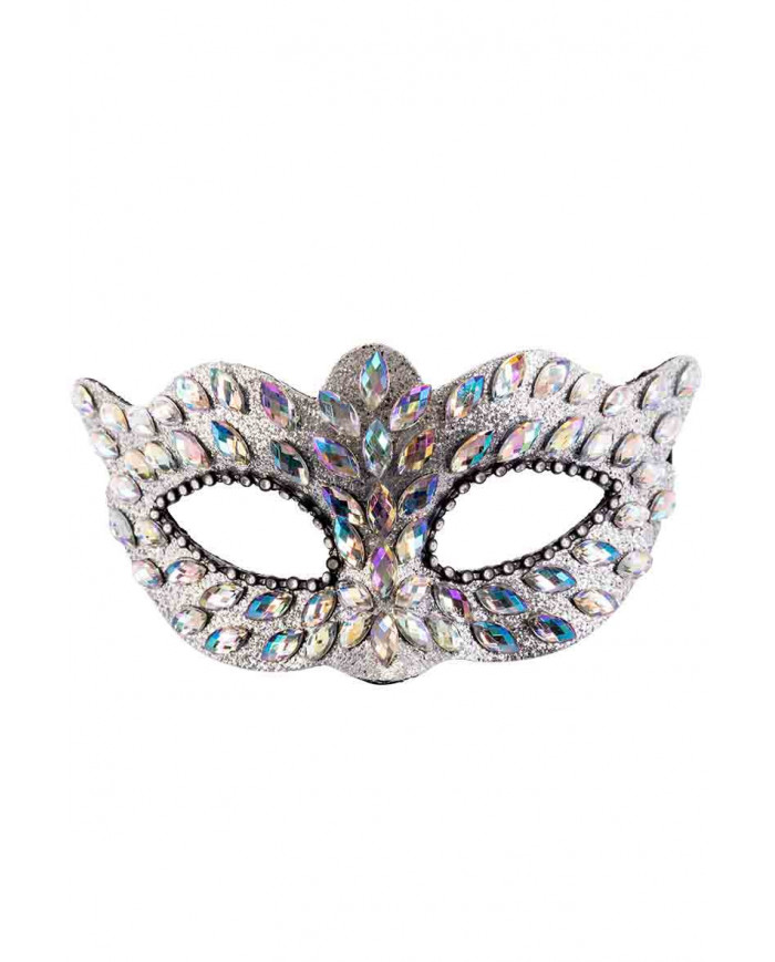 Silver plastic mask with gems and silver rhinestones around the