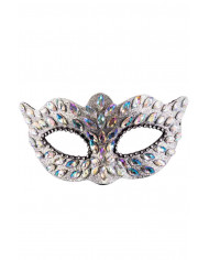 Silver plastic mask with gems and silver rhinestones around the