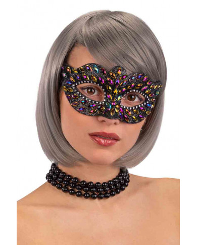 Black plastic mask with colored gems and silver rhinestones Black plastic mask with colored gems and silver rhinestones