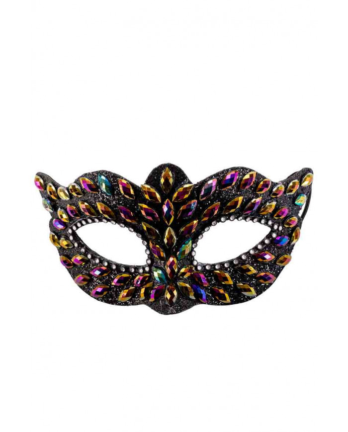 Black plastic mask with colored gems and silver rhinestones