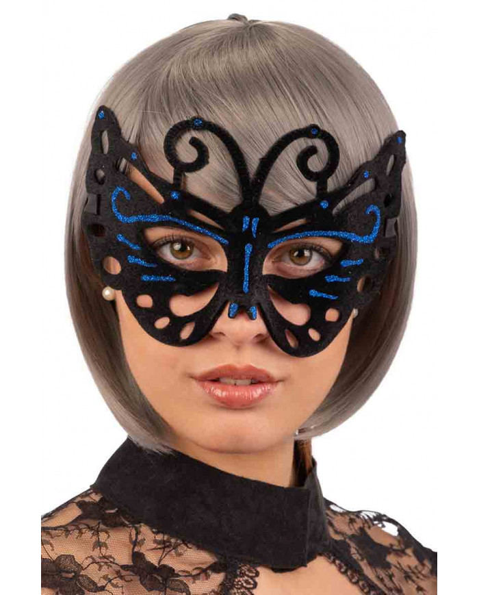 Beautiful butterfly-shaped mask in black velvet with blue Beautiful butterfly-shaped mask in black velvet with blue