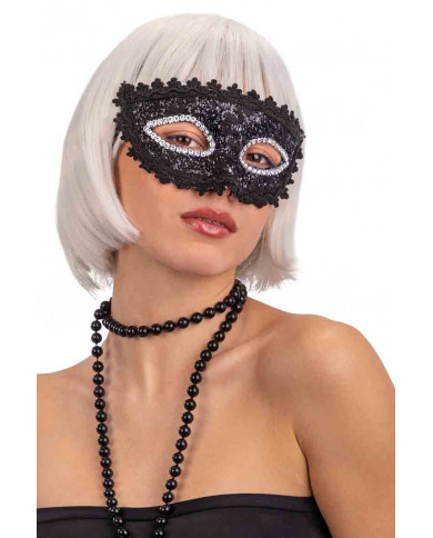 Elegant black plastic mask, decorated with black lace and