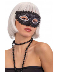 Elegante maschera nera in plastica, decorata con pizzo nero e