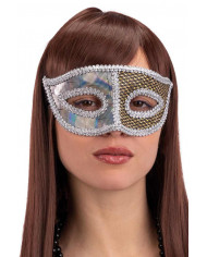 Elegant plastic mask decorated with gold and silver fabric and