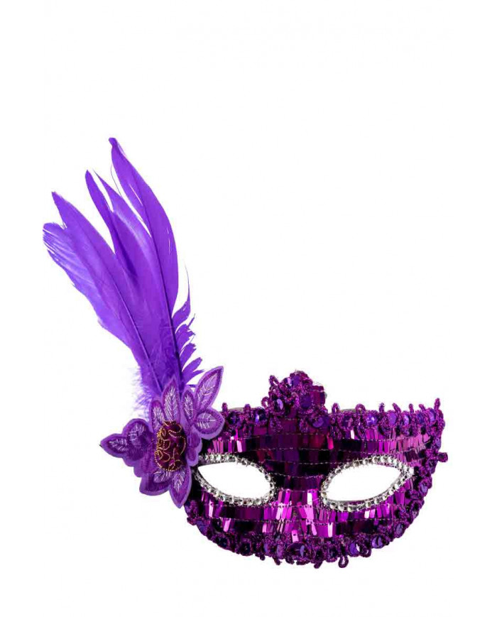 Plastic mask with purple sequins, decorated with feathers on